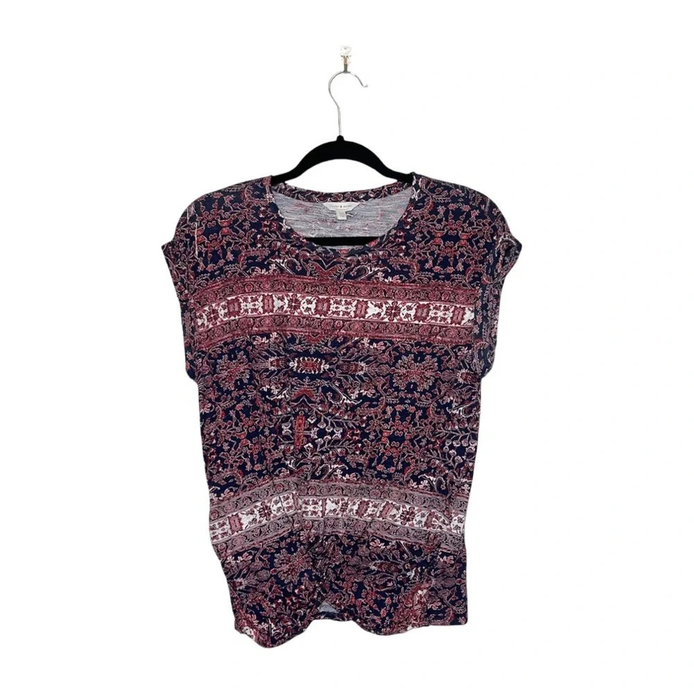 Lucky Brand Black & Red Boho Floral Print Knot Front Top Xsmall Women’s